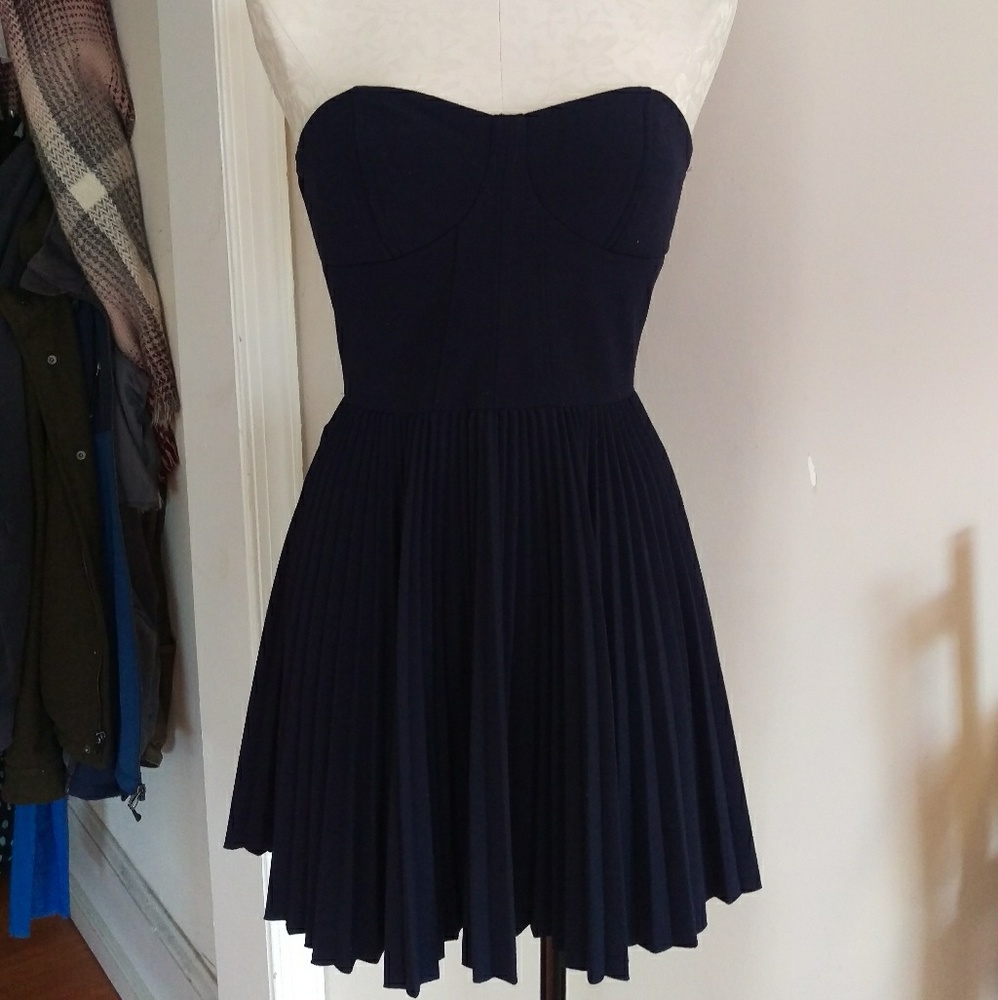 Navy Strapless Dress Pleated Dress